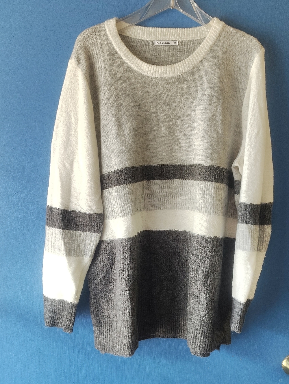 Pink Clover Gray & White Striped Crewneck Sweater